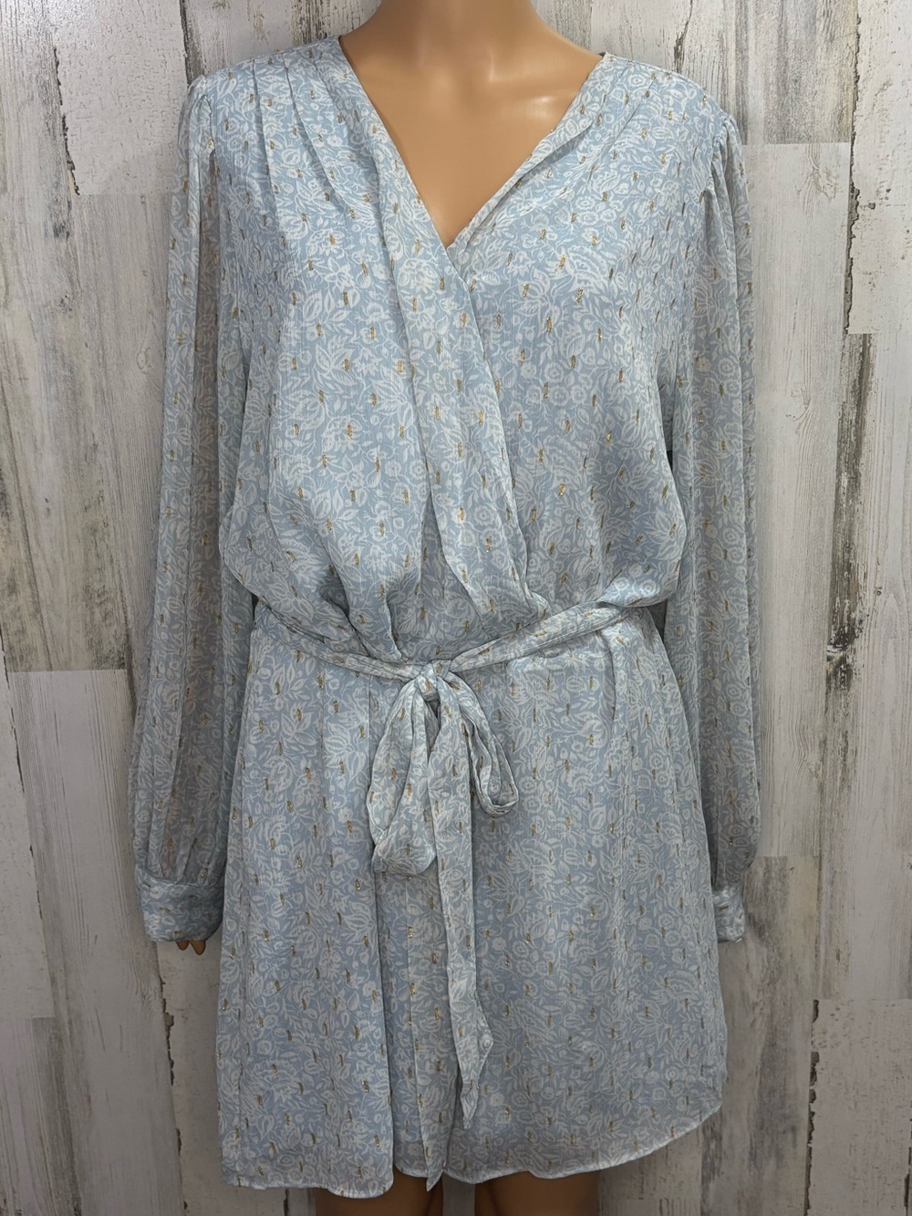 Express Pale Blue Floral Faux Wrap Long Sleeve Romper with Tie Belt
